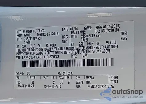 2014 Ford Escape Titanium z USA, uszkodzony, nr VIN 1FMCU0JX6EUC27833